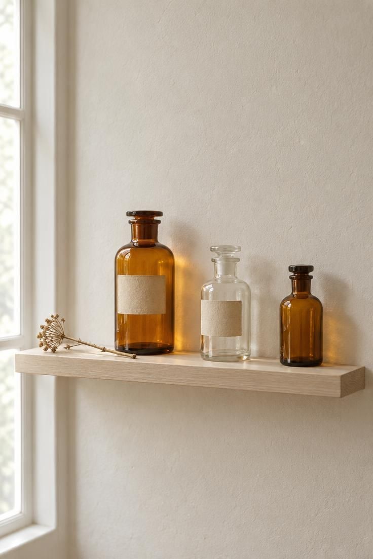 13 Warm Minimalist Halloween Ideas for a Calm Autumn Home 8 Three amber and clear glass apothecary bottles at staggered heights on a slim pale wood wall ledge.