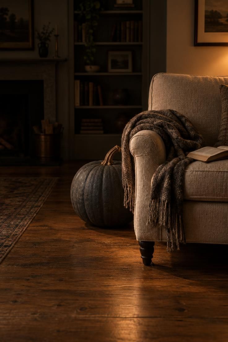 13 Warm Minimalist Halloween Ideas for a Calm Autumn Home 9 A large charcoal-gray pumpkin on a bare wood floor beside an oatmeal armchair in warm low lamp light.