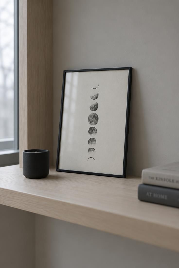 13 Warm Minimalist Halloween Ideas for a Calm Autumn Home 10 A small black-framed moon-phase print leaning on a pale wood shelf beside a matte black votive.
