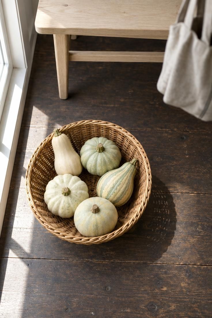 13 Warm Minimalist Halloween Ideas for a Calm Autumn Home 11 An overhead view of a shallow willow basket with five pale gourds beneath a slim pale wood bench.