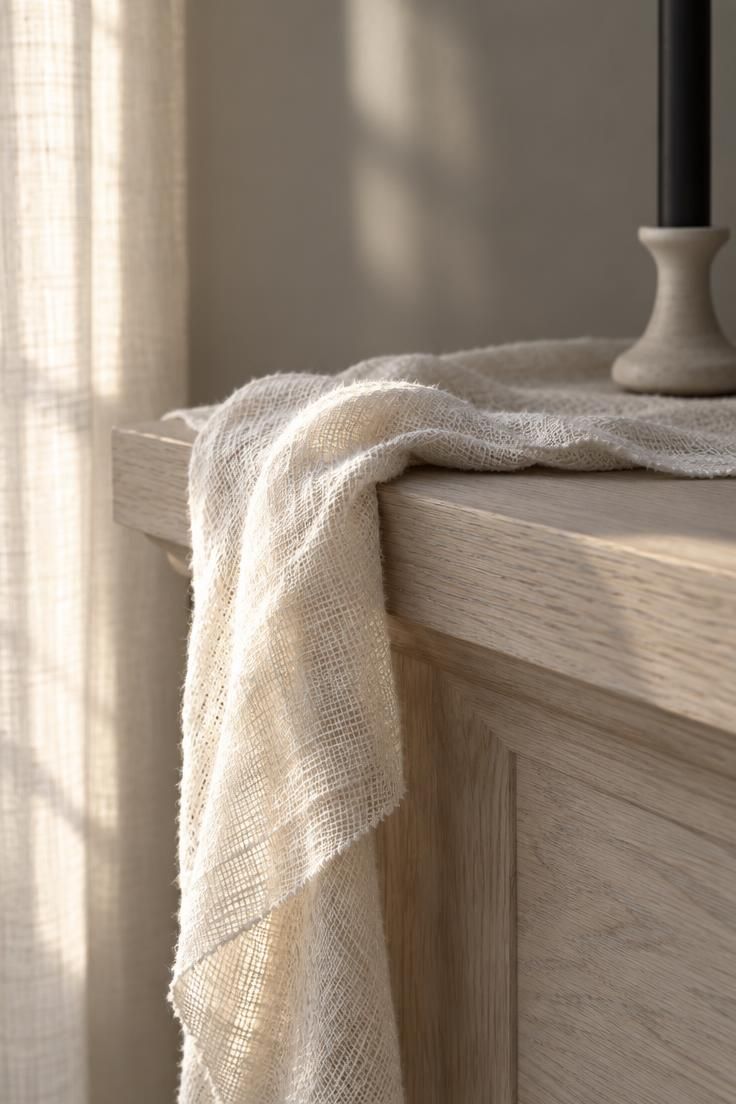 13 Warm Minimalist Halloween Ideas for a Calm Autumn Home 12 A length of off-white cheesecloth draped over the corner of a pale wood mantel beside a black candlestick in warm afternoon light.