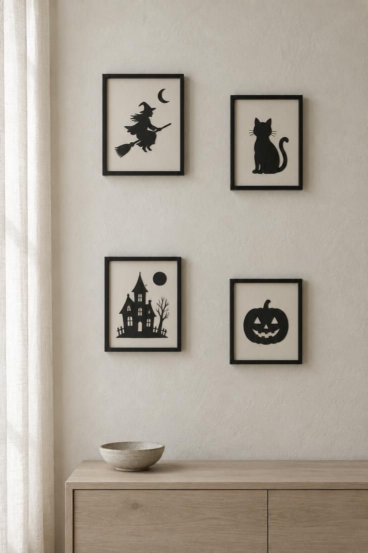 13 Warm Minimalist Halloween Ideas for a Calm Autumn Home 13 Four small black-framed halloween silhouettes in a loose grid on a pale plaster wall above a low wood console.