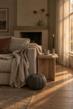 A warm minimalist living room in autumn with a charcoal pumpkin on the floor, a single black taper on a side table, and dried stems on the mantel in soft evening light.