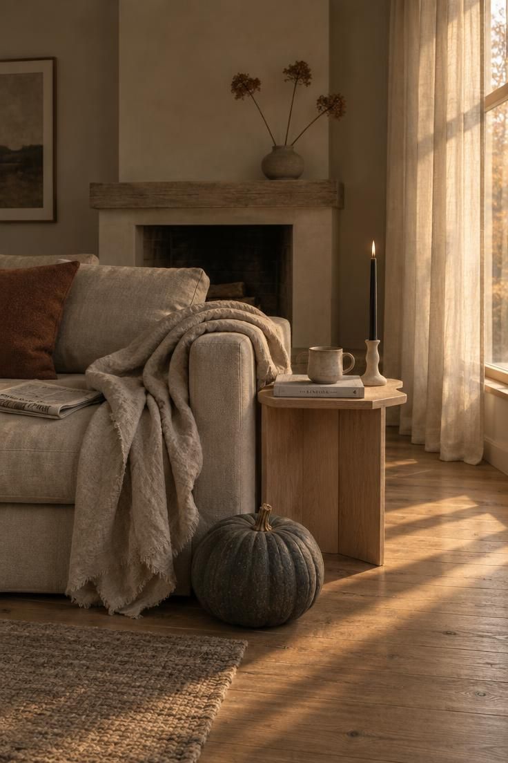 A warm minimalist living room in autumn with a charcoal pumpkin on the floor, a single black taper on a side table, and dried stems on the mantel in soft evening light.