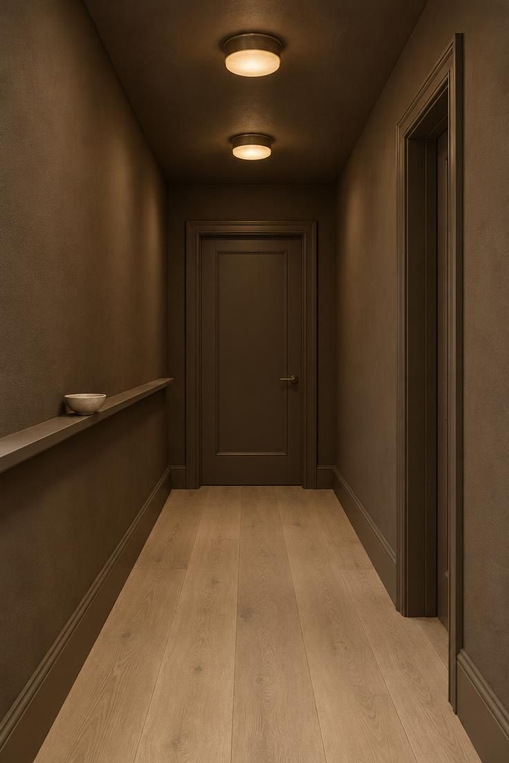 13 Warm Minimalist Hallway Ideas for a Calm Entryway 2 Short hallway with walls, ceiling, and door frame in deep matte umber, two matching ceiling lights, a pale oak floor, and a slim ledge in the same tone.