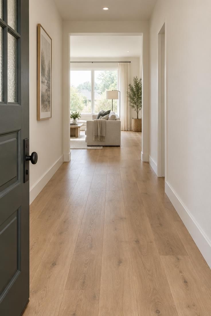 13 Warm Minimalist Hallway Ideas for a Calm Entryway 3 Wide view from a front door down a hallway into a living room, with continuous wide-plank oak flooring and plain off-white walls.