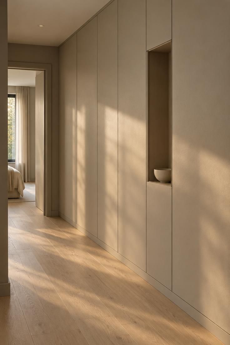 13 Warm Minimalist Hallway Ideas for a Calm Entryway 4 Hallway with wall-toned built-in storage featuring full-height handleless cabinets painted the same warm greige as the walls, a recessed niche holding a ceramic bowl, and a pale wood floor.