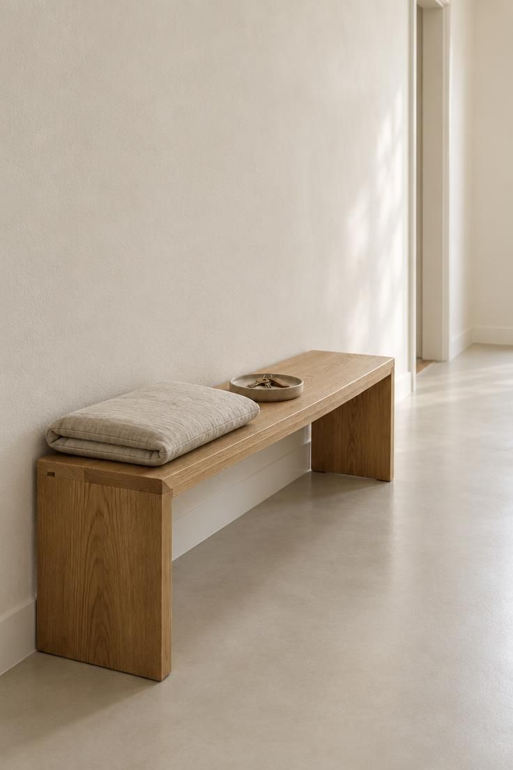 13 Warm Minimalist Hallway Ideas for a Calm Entryway 5 Plain warm white hallway with a single low oak bench, a folded linen cushion, and a small ceramic tray on top.