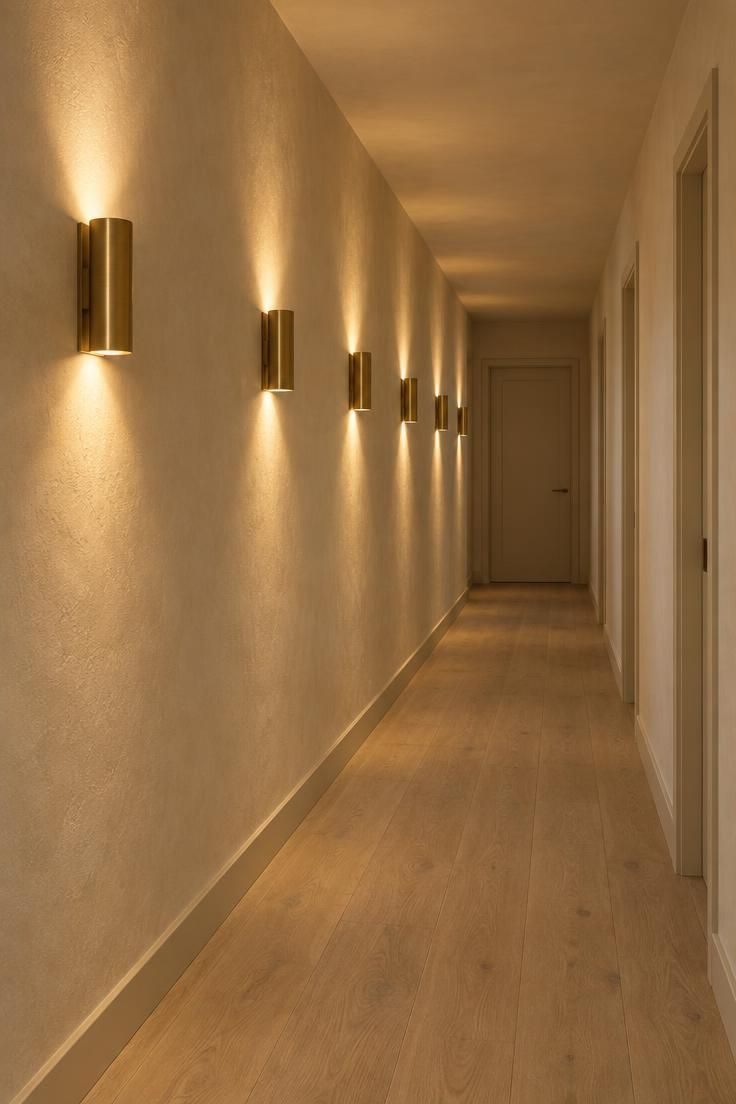 13 Warm Minimalist Hallway Ideas for a Calm Entryway 6 Long hallway with five evenly spaced brushed brass wall sconces along one wall, plain plaster walls, and a pale oak floor.