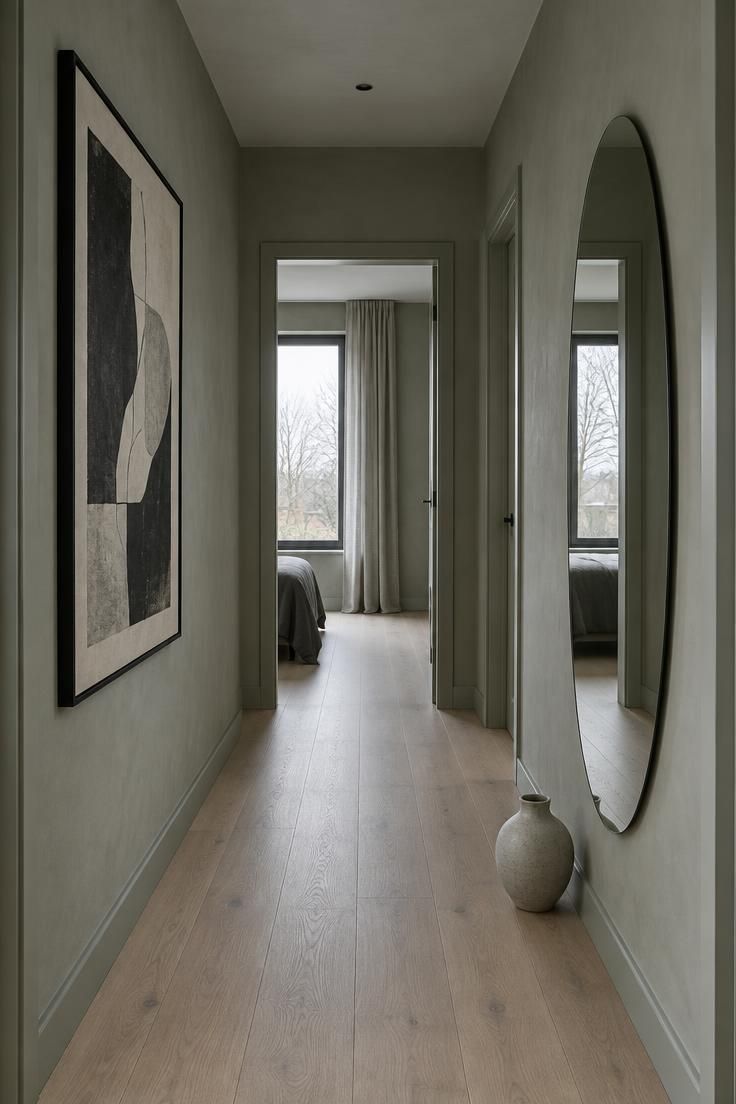13 Warm Minimalist Hallway Ideas for a Calm Entryway 7 Hallway with a tall round frameless mirror on one wall and a large black-framed abstract print opposite, plain plaster walls.