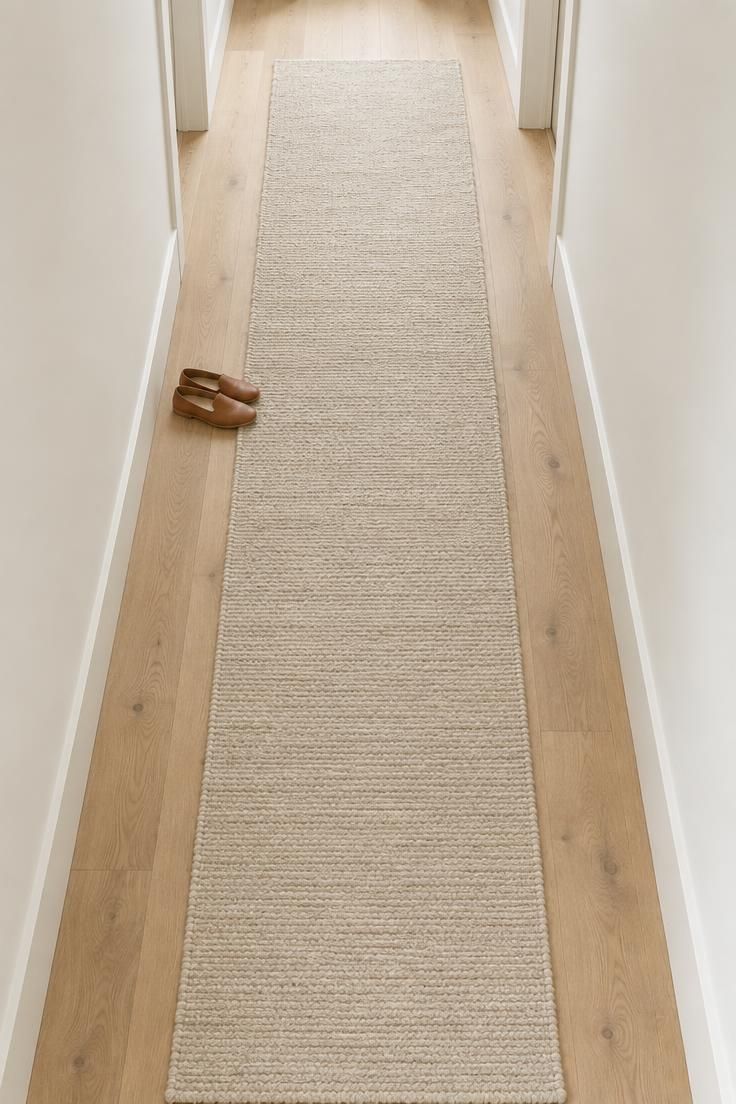 13 Warm Minimalist Hallway Ideas for a Calm Entryway 8 Overhead view of a long hallway with a single undyed wool flat-weave runner over pale oak flooring and plain off-white walls.