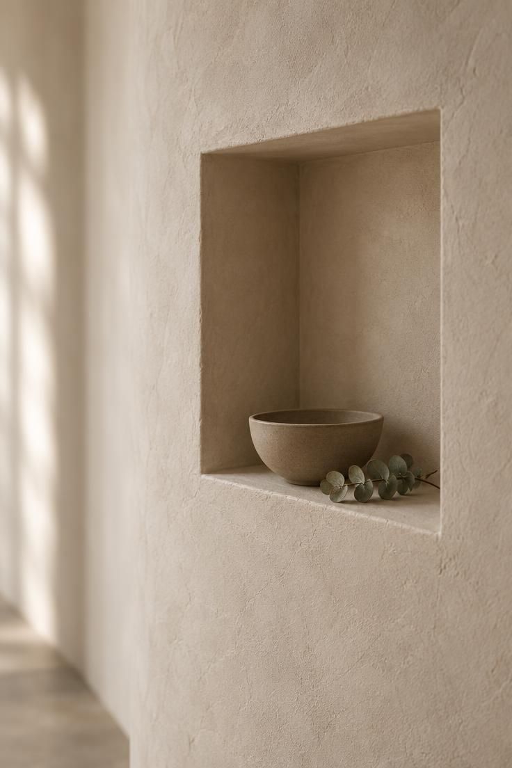 13 Warm Minimalist Hallway Ideas for a Calm Entryway 9 Close-up of a recessed rectangular wall niche at standing height holding a matte ceramic bowl on a plain pale plaster wall.