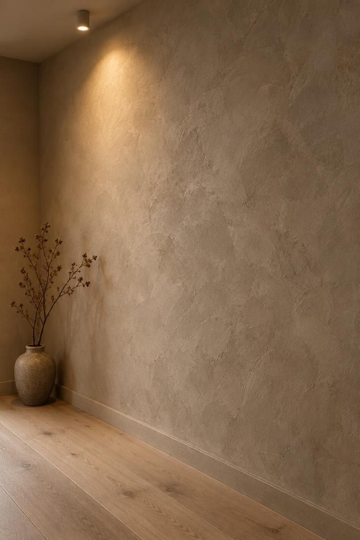 13 Warm Minimalist Hallway Ideas for a Calm Entryway 10 Close-up of hand-troweled limestone plaster walls in warm greige with light washing across the surface and a pale oak floor below.