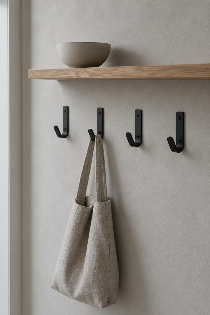 13 Warm Minimalist Hallway Ideas for a Calm Entryway 11 Close-up of four identical black steel hooks in a row with a slim oak shelf above holding a ceramic bowl on a pale grey plaster wall.