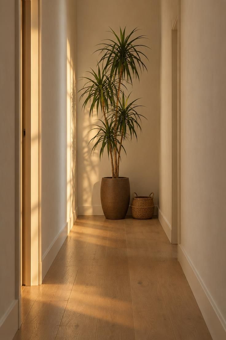 13 Warm Minimalist Hallway Ideas for a Calm Entryway 12 Narrow hallway with a tall slender dracaena in a matte brown ceramic pot at the far end, off-white walls, and a pale oak floor.