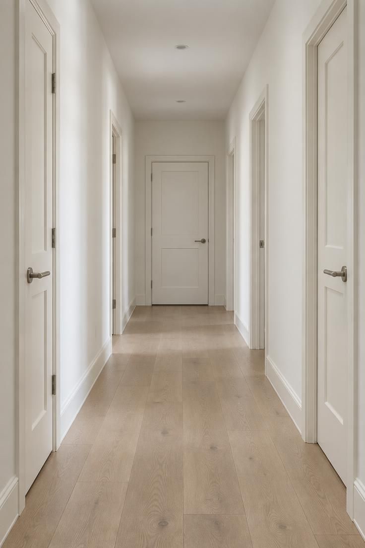 13 Warm Minimalist Hallway Ideas for a Calm Entryway 13 Wide view of a hallway with matching off-white semigloss door frames and baseboards, brushed nickel door handles, and plain warm white walls.