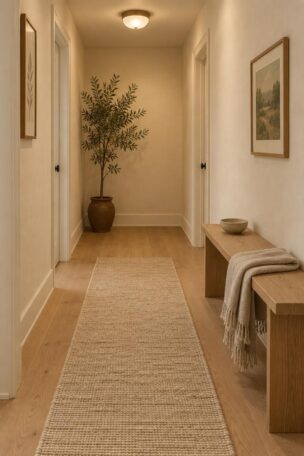 Warm minimalist hallway with chalky off-white walls, a slim oak bench, an undyed wool runner over pale oak flooring, and a tall plant at the far end.