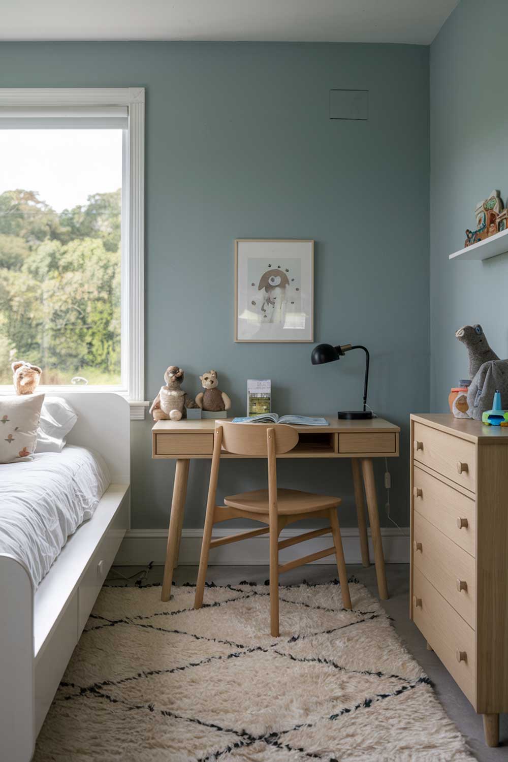 A cozy minimalist kids bedroom with a white bed, a wooden dresser, and a small desk. The walls are painted in a soft blue hue, and there's a reading lamp on the wooden chair. A plush rug covers the floor, and a few toys are placed on the dresser. The window overlooks a lush green landscape.