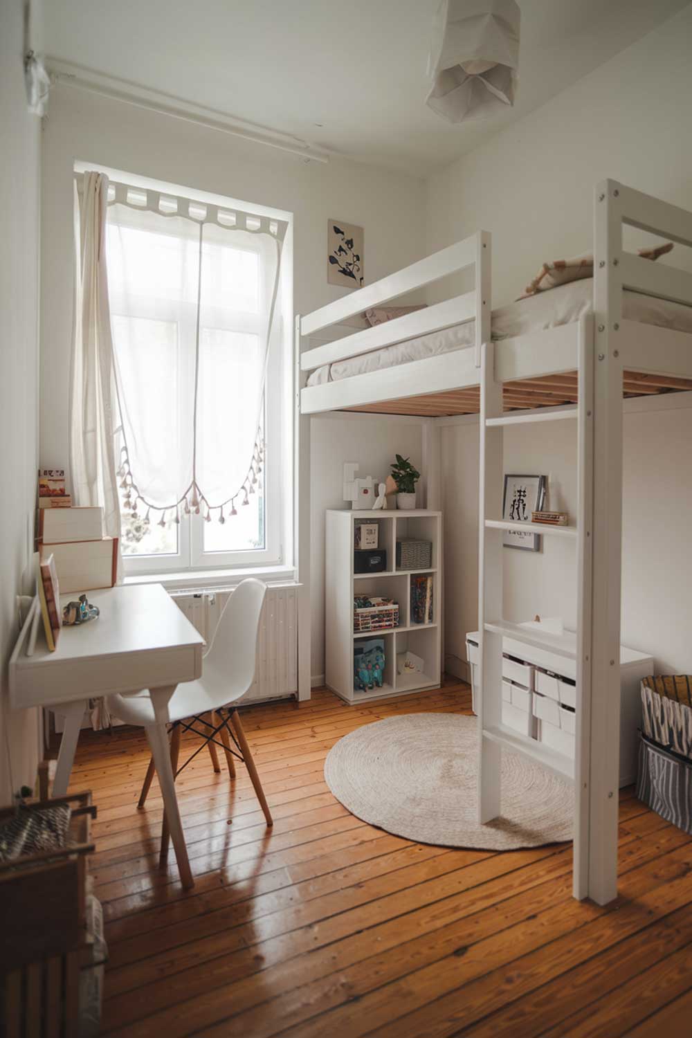 A cozy minimalist kids bedroom with a white loft bed, a white desk with a chair, and a small bookshelf. There is a window with a curtain near the bed. The floor is made of wooden planks. The room is bright.