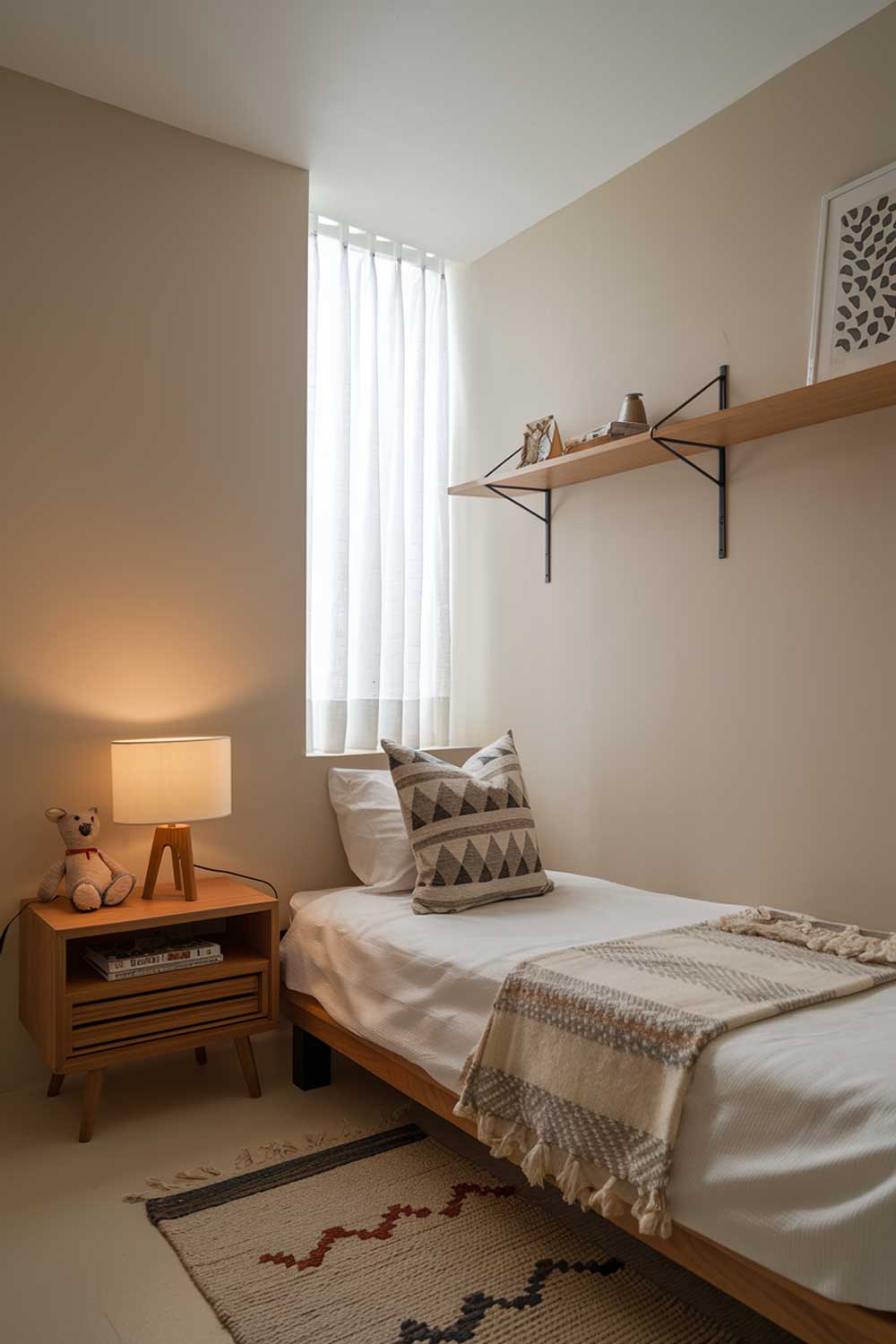 A minimalist boys bedroom with a single bed, a wooden nightstand with a lamp, and a shelf above the bed. The walls are painted beige, and there's a small rug beneath the bed. A patterned throw pillow and a stuffed animal sit on the nightstand. The room has a small window with a white curtain.