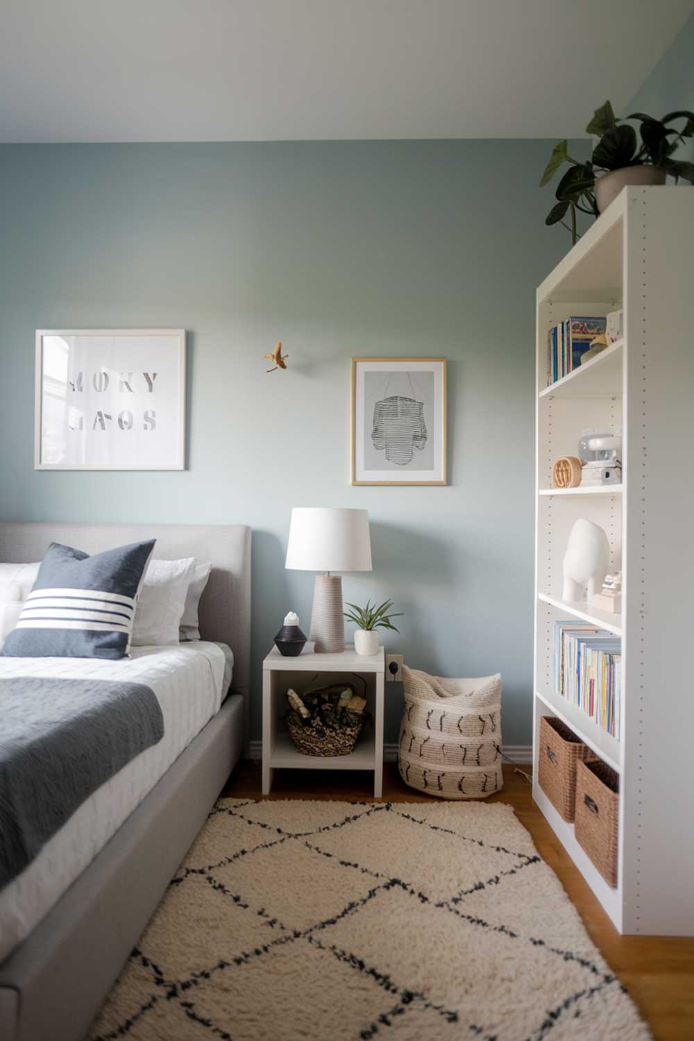 A minimalist boys bedroom with a gray bed, a white bookshelf, and a few pieces of furniture. The room has a beige rug and a few items, including a lamp, a plant, and a decorative item. The walls are painted in a soft blue hue.