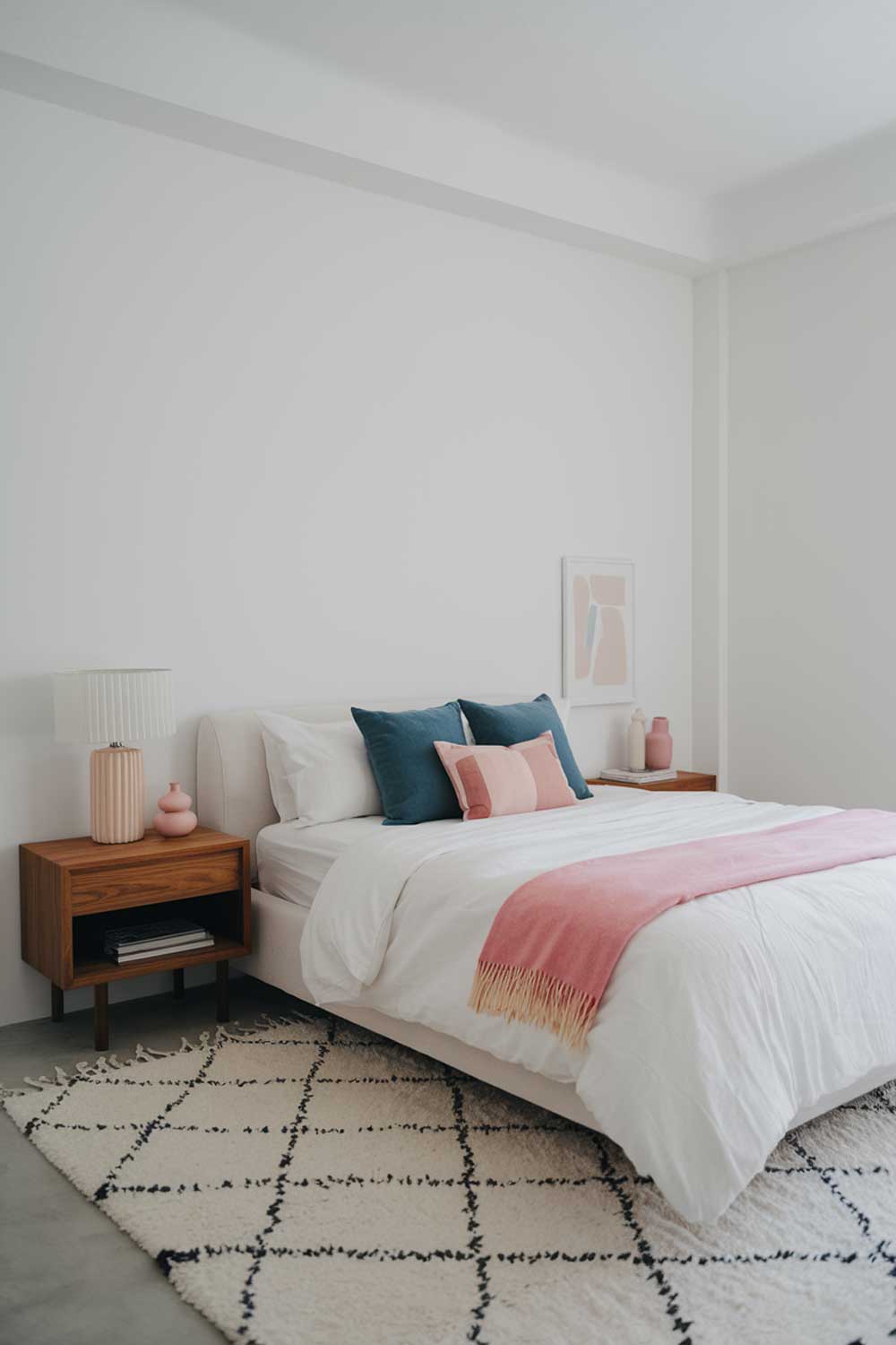 A minimalist bedroom with a white bed, a wooden nightstand, and a few items. The bed has a white duvet cover and a few pink and blue pillows. There's a wooden nightstand beside the bed with a white lamp and a pink vase. The room has a white rug and a pink throw blanket on the bed. The walls and the ceiling are white.