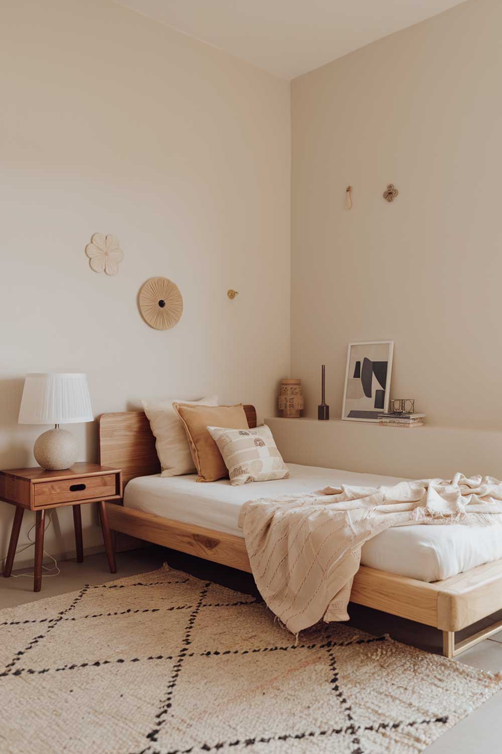 A minimalist style bedroom with a girl's touch. The room is painted in soft beige and has a wooden bed with a white mattress. There's a small wooden nightstand next to the bed. A white lampshade is placed on the nightstand. A beige rug covers the floor. The wall has a few pieces of wall decor.