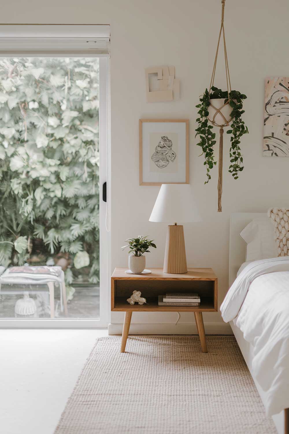 A minimalist photo of a girl's bedroom with a white bed, a wooden nightstand with a lamp, a hanging plant, and a few items on the nightstand. The room has a beige rug and a few pieces of artwork on the wall. The background contains a sliding glass door, beyond which there's a lush greenery.