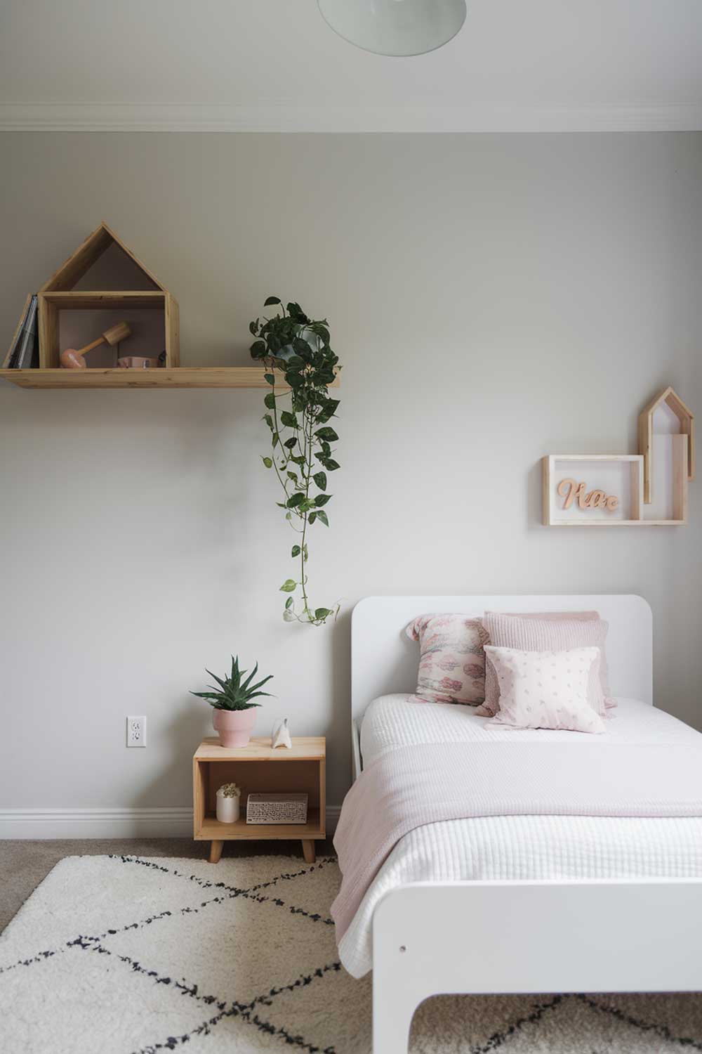 A minimalist girls' bedroom with a white bed, a wooden shelf, and a small potted plant. The room has a light gray wall and a white ceiling. There is a white rug beneath the bed.