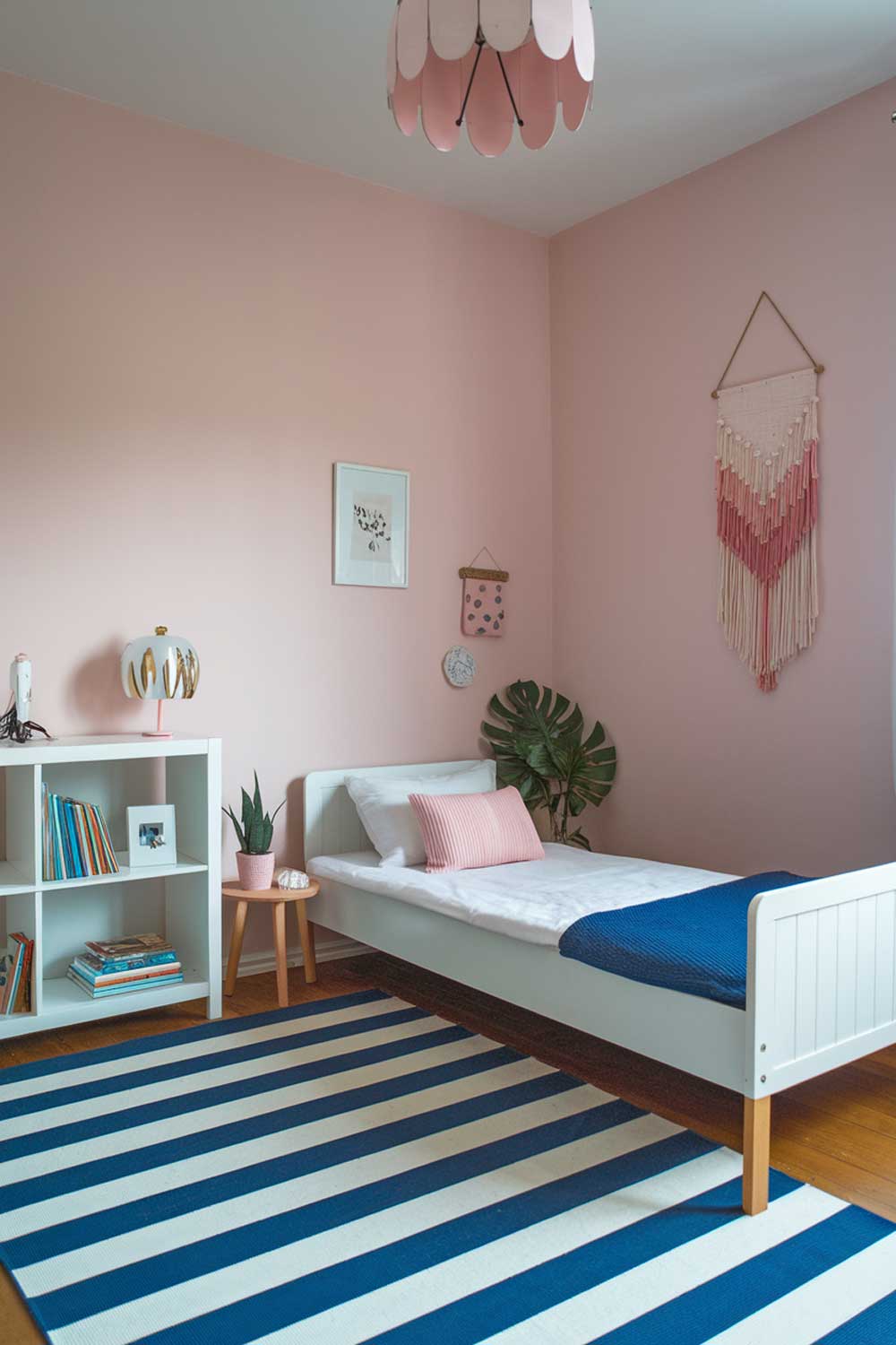 A minimalist girls bedroom. The room has a white wooden bed with a blue blanket. There's a white bookshelf with a few books and a lamp. The floor is covered with a blue and white striped rug. The walls are painted a soft pink. There's a small table near the bed with a green plant. The room has a few decorative items, including a pink and gold lampshade and a pink and gold wall hanging.