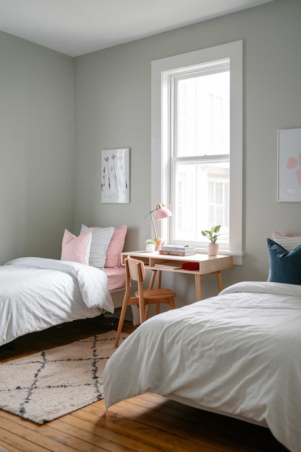 A minimalist kids' shared bedroom. There are two beds with white duvets and pink and blue pillows. A small wooden desk is positioned near the window. On the desk, there's a lamp, a small plant, and a few books. The walls are painted a soft gray color. There's a rug on the floor. The room has wooden floors.