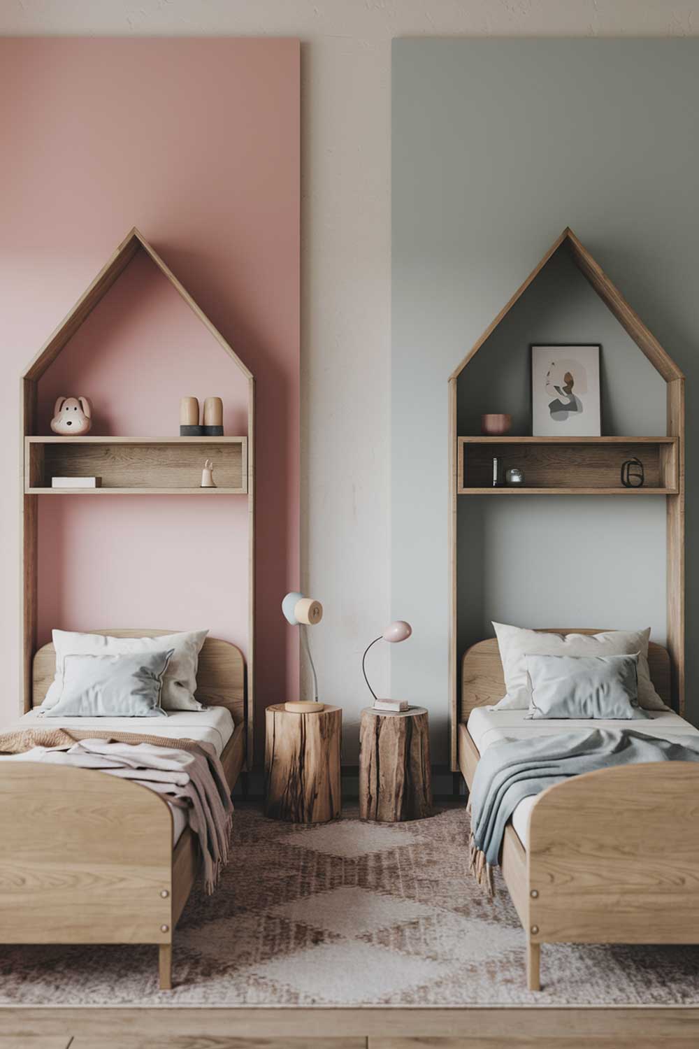 A minimalist kids' shared bedroom with a girl and a boy. The room has a rustic decor with wooden elements. There's a wooden bed for each child, placed at opposite ends of the room. Over each bed, there's a wooden shelf with a few items. The walls are painted in soft hues of pink and blue. The floor is covered with a rug.