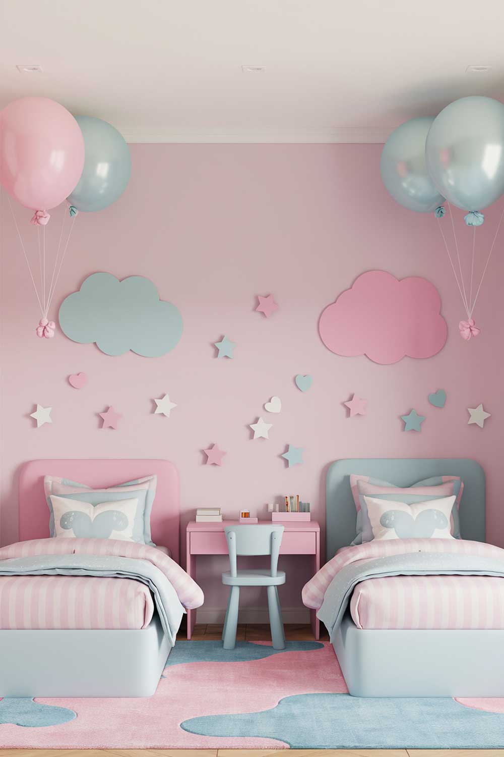 A minimalist shared bedroom for girls with a fun, kids-focused theme. The room has a pink and blue color scheme. There are two twin beds with pink and blue striped bedding. Above the beds, there are pink and blue balloons. On the walls, there are pink and blue clouds, stars, and hearts. There is a small desk with a chair. The floor is covered with a pink and blue rug.