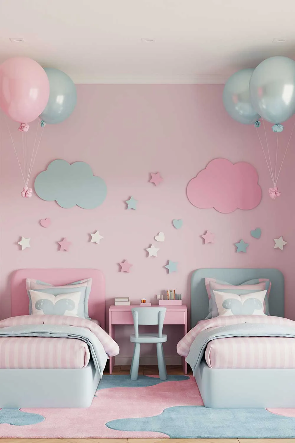 29 Minimalist Kids Bedroom Ideas: Simple Yet Playful Designs 21 A minimalist shared bedroom for girls with a fun, kids-focused theme. The room has a pink and blue color scheme. There are two twin beds with pink and blue striped bedding. Above the beds, there are pink and blue balloons. On the walls, there are pink and blue clouds, stars, and hearts. There is a small desk with a chair. The floor is covered with a pink and blue rug.