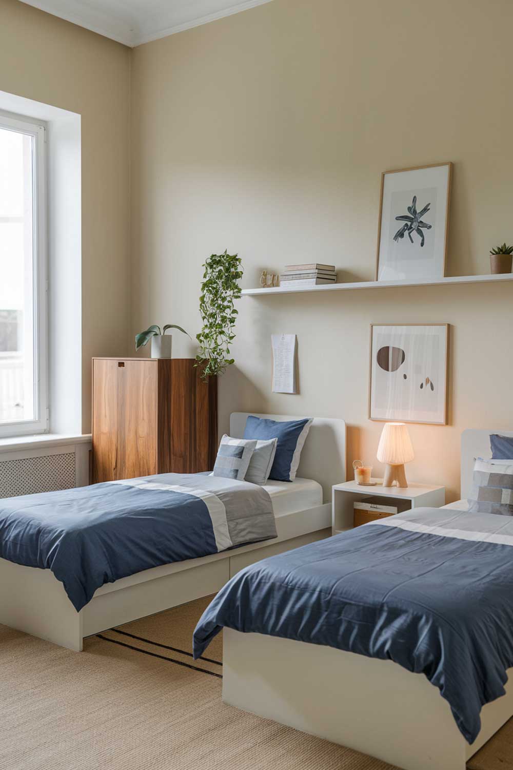 A minimalist shared bedroom for two boys. There are two single beds with blue and gray bedding. A white shelf above each bed has a lamp and a plant. A wooden cabinet is placed near the window. The walls are painted beige. The floor is covered with a beige rug.