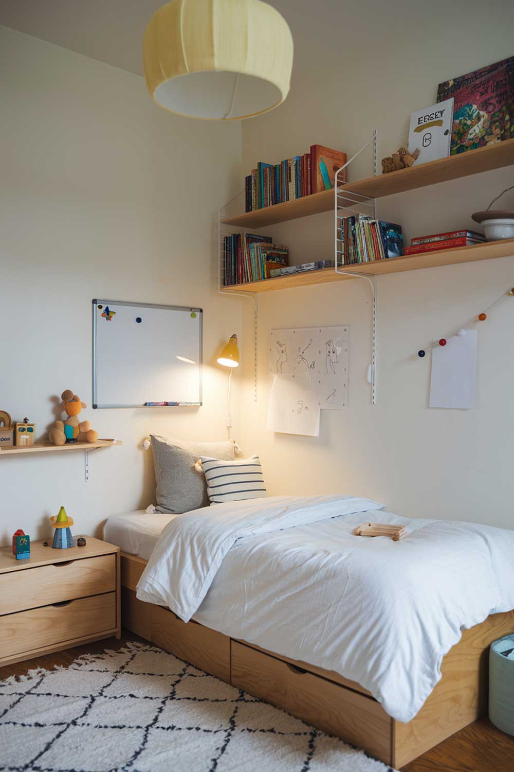 A minimalist kids bedroom with a cozy and fun atmosphere. There's a single bed with a white duvet and a few pillows. Above the bed, there's a wooden shelf with a few books and a lamp. Below the bed, there's a wooden chest of drawers. On the wall next to the bed, there's a whiteboard for drawing. The room has a soft yellow lampshade and a few toys on the shelf. The floor is covered with a white rug.