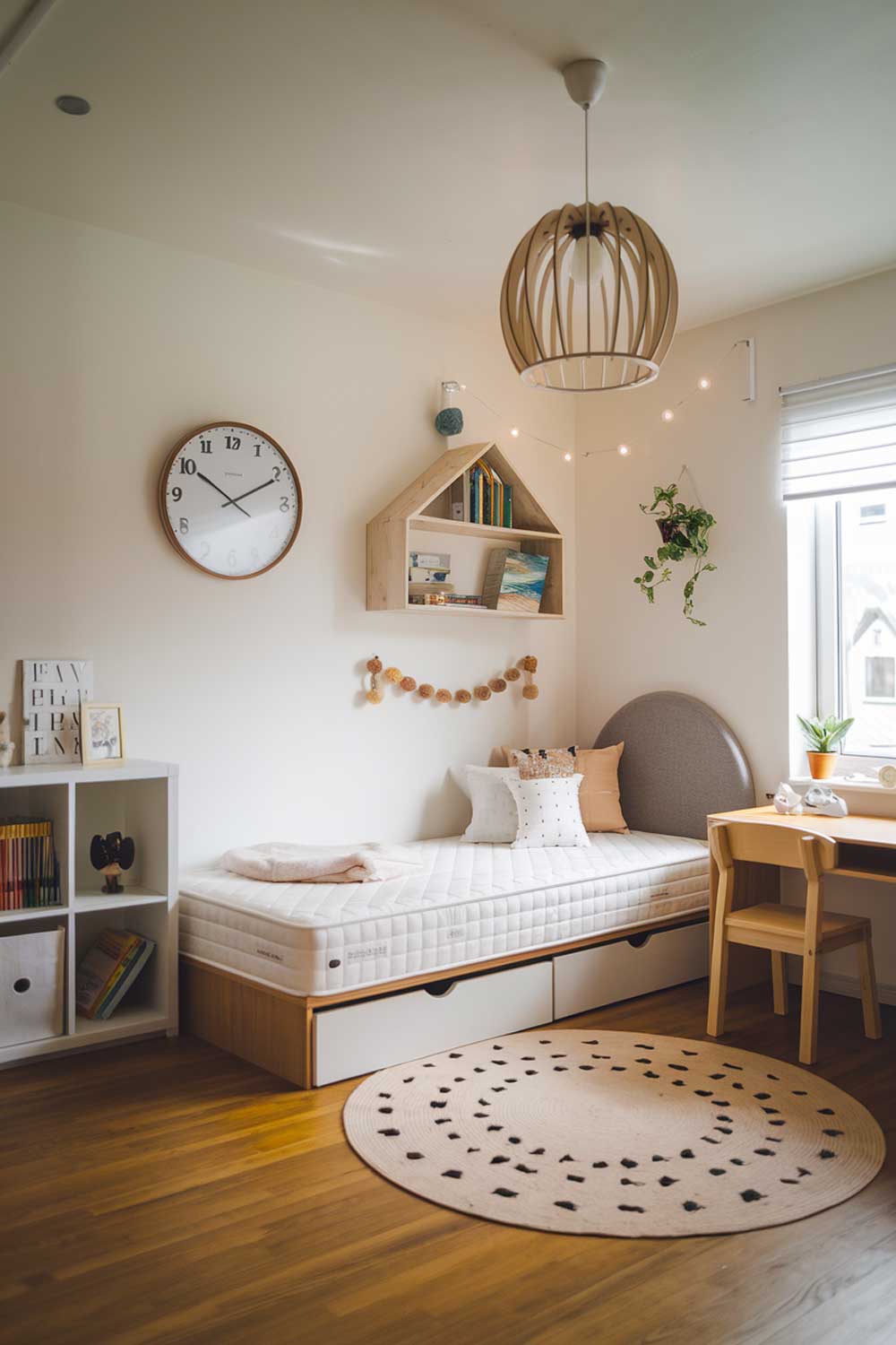 A cozy, fun, and minimalist kids bedroom. The room has a white wall, a wooden floor, and a few pieces of furniture. There is a single bed with a white mattress and a gray headboard. Next to the bed, there is a white bookshelf with a few books and decorative items. Above the bed, there is a hanging light fixture with a wooden frame. There is a small wooden desk with a chair near the window. The room has a few decorative items, including a large wall clock and a few small plants. The overall room has a warm and inviting ambiance.