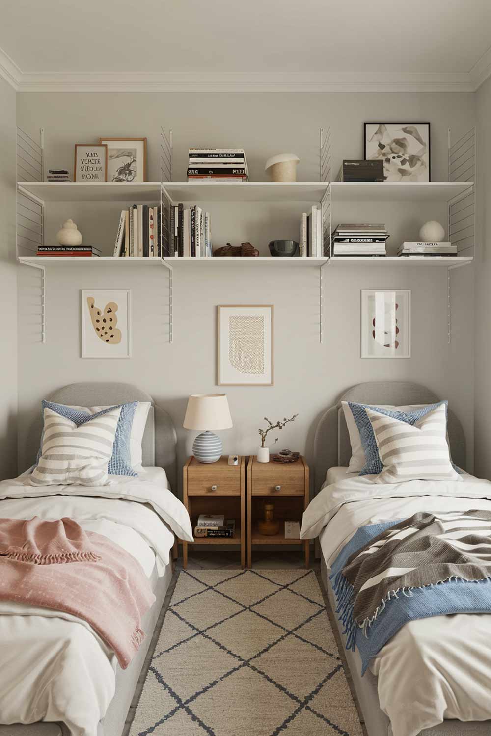 A cozy and fun shared bedroom for two sisters with a minimalist design. The room features a twin bed on each side, with a nightstand and lamp between them. Above the beds, there are shelves with books and decorative items. There's a rug on the floor. The walls are painted in a soft gray color.