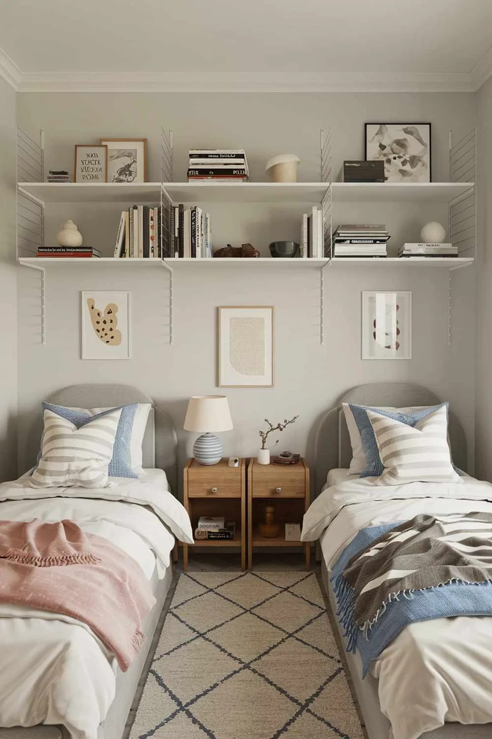 29 Minimalist Kids Bedroom Ideas: Simple Yet Playful Designs 27 A cozy and fun shared bedroom for two sisters with a minimalist design. The room features a twin bed on each side, with a nightstand and lamp between them. Above the beds, there are shelves with books and decorative items. There's a rug on the floor. The walls are painted in a soft gray color.