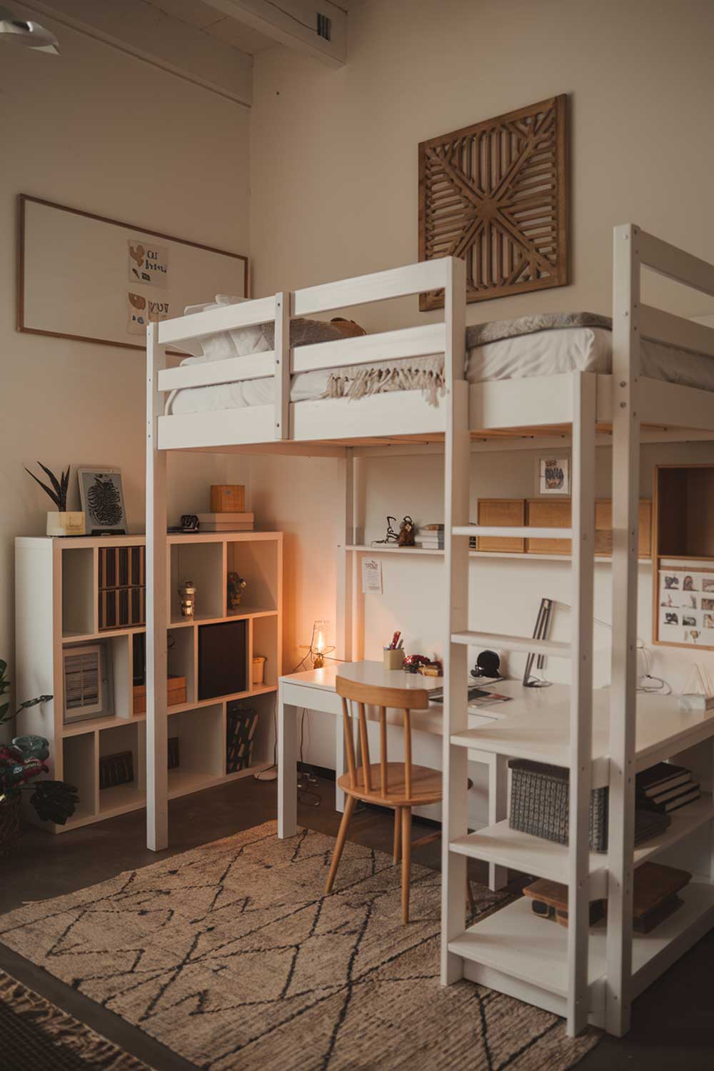 A cozy and fun minimalist sisters shared bedroom with a loft bed. The room has a white wooden loft bed with a desk and shelves underneath. There's a small rug beneath the bed. On the wall above the bed, there's a white board and a decorative wooden panel. The room has a white bookshelf with a few books and decorative items. There's a small lamp on the floor. The room has a warm lighting.