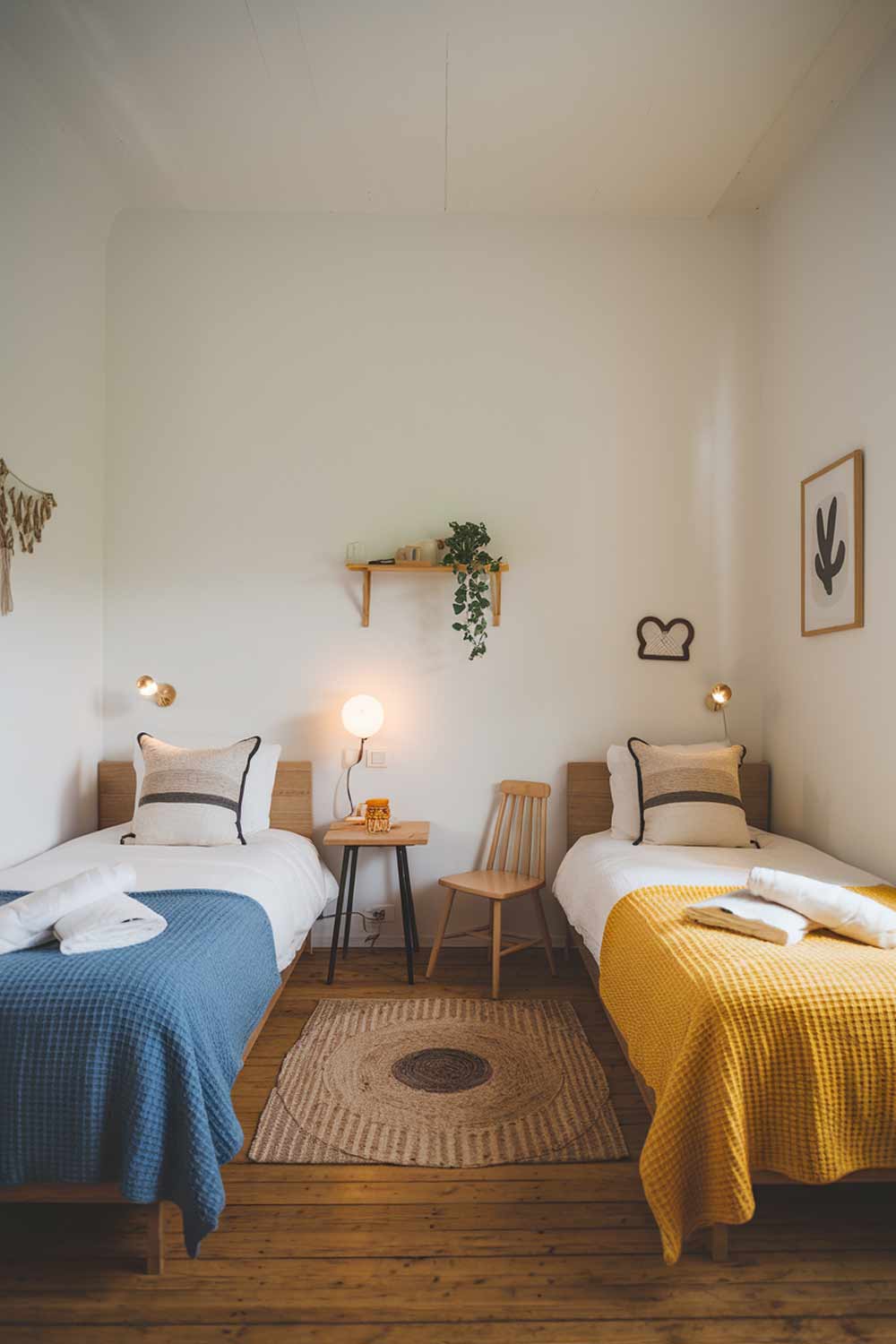 A minimalist sisters' shared bedroom with a cozy and fun atmosphere. The room has a white wall, a wooden floor, and a few furniture pieces. There's a twin bed on one side with a blue blanket and a white pillow. On the opposite wall, there's another twin bed with a yellow blanket and a white pillow. Between the beds, there's a small wooden table and a chair. The room has a few items such as a lamp, a plant, and a decorative piece. The lighting is warm and soft.