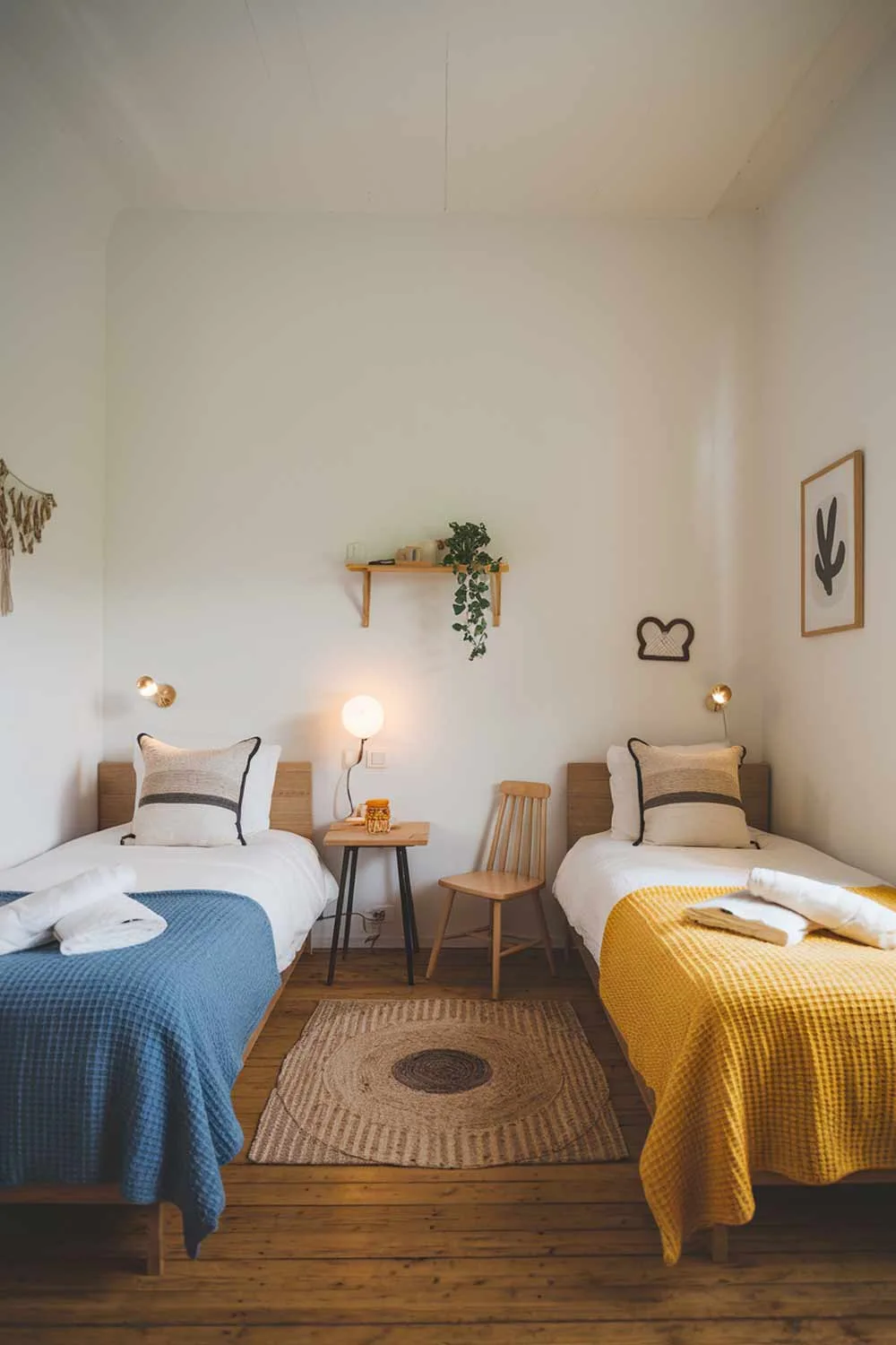 29 Minimalist Kids Bedroom Ideas: Simple Yet Playful Designs 29 A minimalist sisters' shared bedroom with a cozy and fun atmosphere. The room has a white wall, a wooden floor, and a few furniture pieces. There's a twin bed on one side with a blue blanket and a white pillow. On the opposite wall, there's another twin bed with a yellow blanket and a white pillow. Between the beds, there's a small wooden table and a chair. The room has a few items such as a lamp, a plant, and a decorative piece. The lighting is warm and soft.