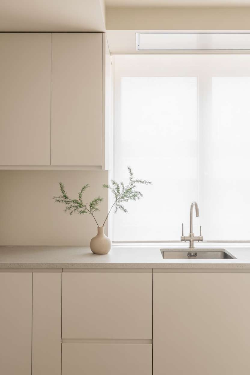 Clean white minimalist kitchen with integrated handles, gray quartz countertop, and stainless steel sink under large window with single green plant