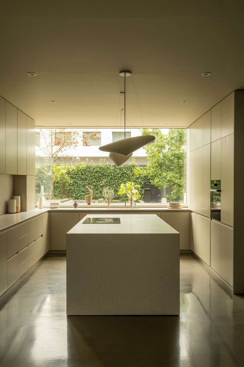 Modern minimalist kitchen featuring large gray quartz island, handleless white cabinets, and sculptural pendant light with garden view