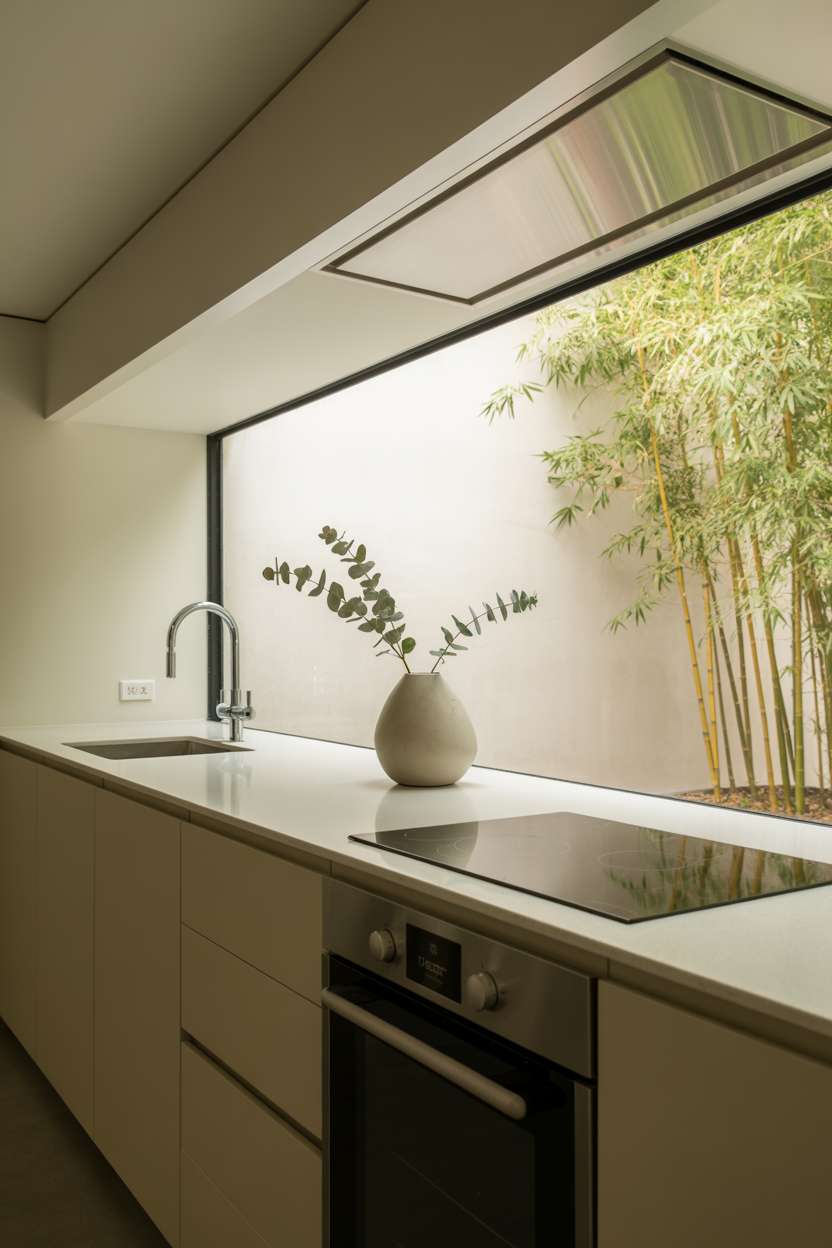Sleek white quartz countertop kitchen with integrated appliances, handleless cabinets, and bamboo courtyard view through frameless window