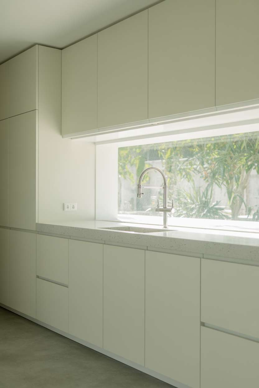 White minimalist kitchen with pale gray quartz countertop, single steel faucet, and built-in window overlooking lush garden