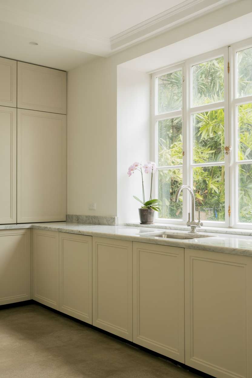 Minimalist kitchen with white cabinets, Carrara marble countertop, steel faucet, and vibrant orchid on windowsill