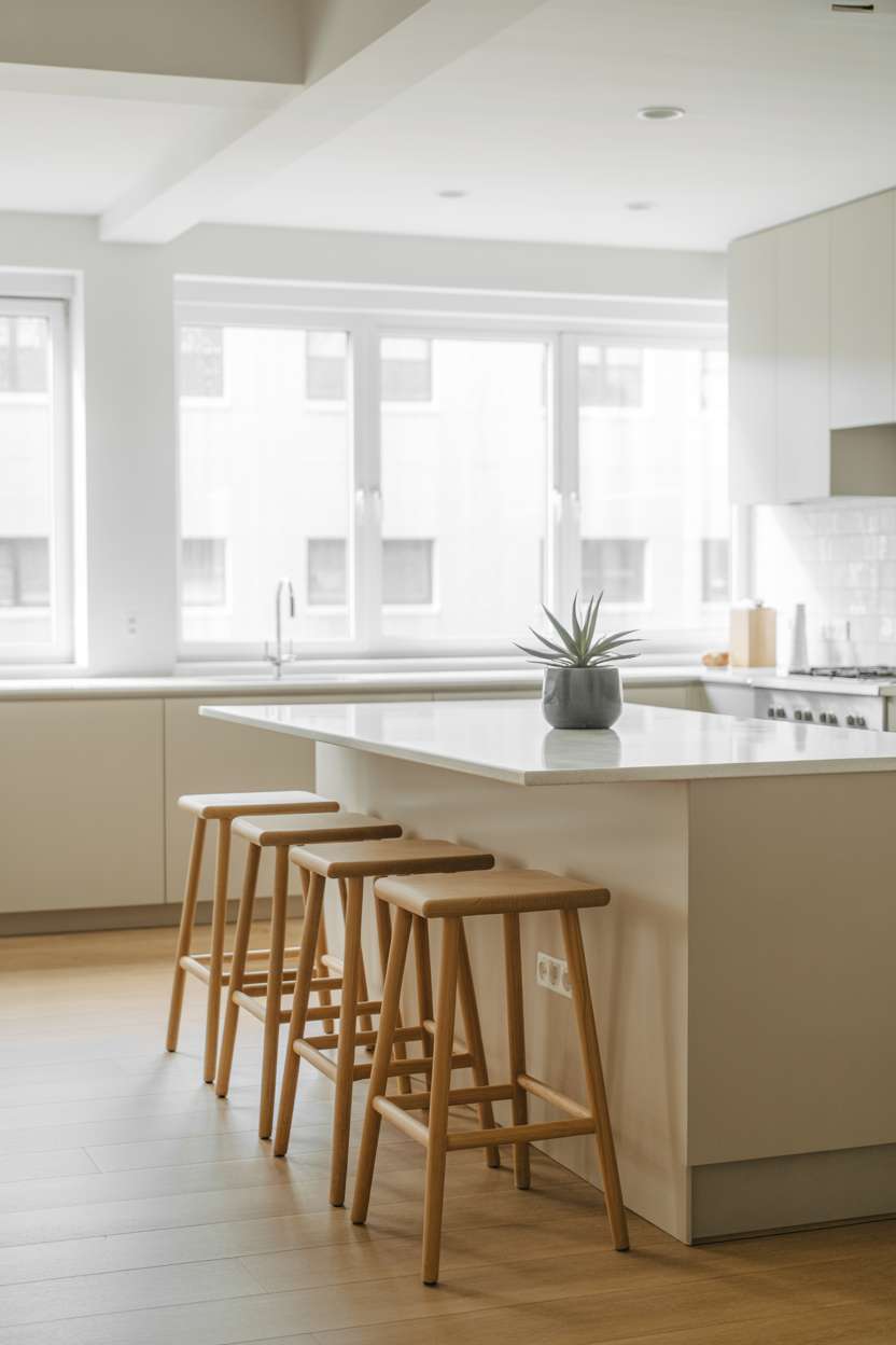 Clean white kitchen island with gray quartz top, natural wood bar stools, and single succulent on pale gray cabinetry background