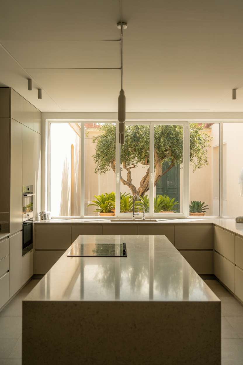 Open-concept kitchen with matte gray handleless cabinets, white quartz waterfall countertop, and elegant pendant light over olive tree courtyard