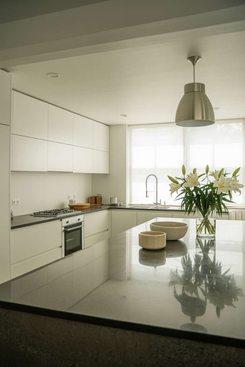 Spacious minimalist kitchen with white cabinets, dark gray waterfall concrete countertop, steel pendant light, and white lilies